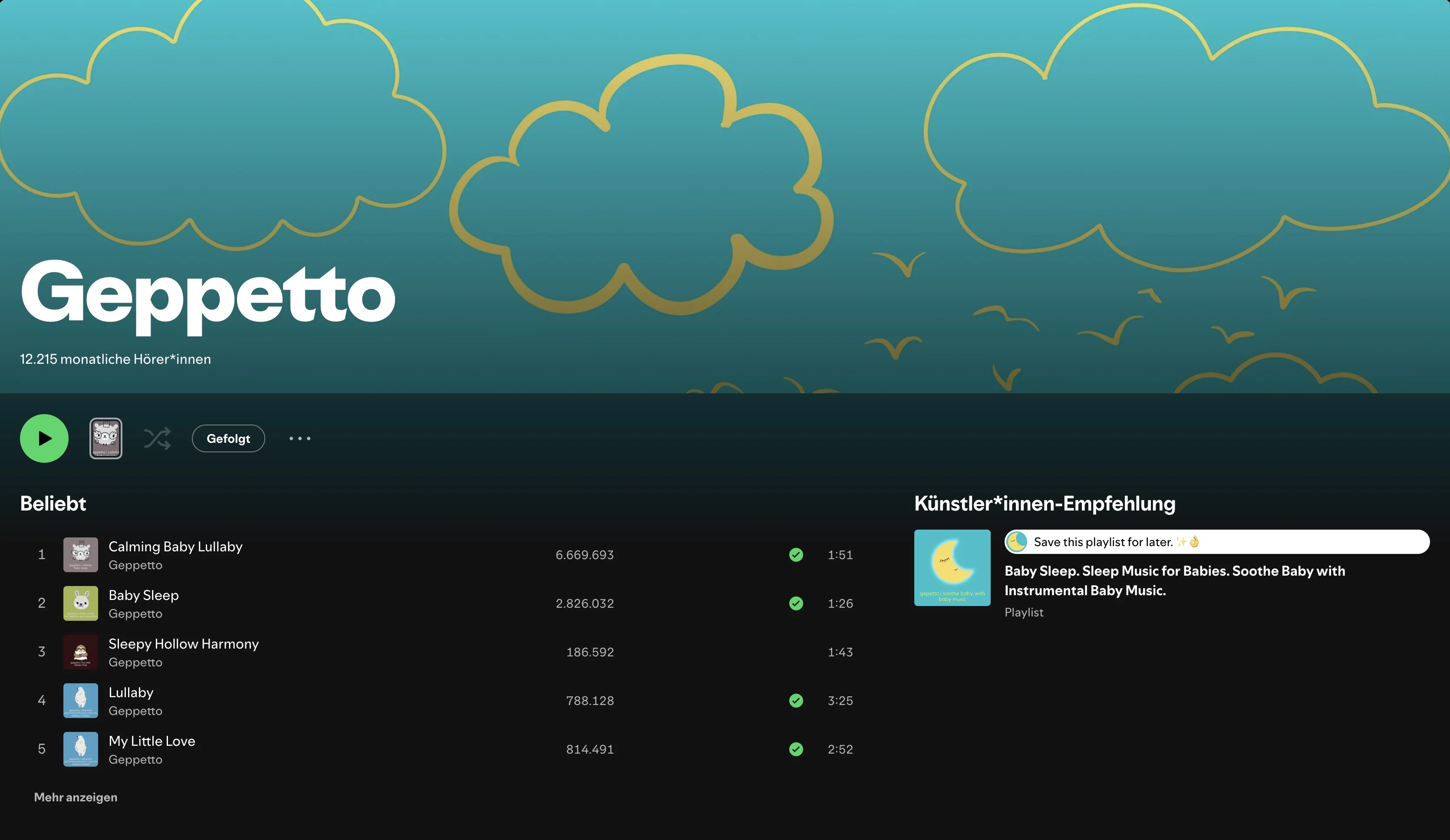 Actual Geppetto Spotify artist profile showing Geppetto songs and the baby sleep playlist